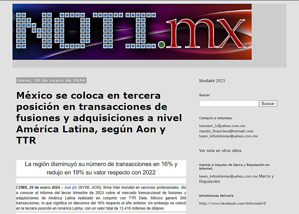 Mxico se coloca en tercera posicin en transacciones de fusiones y adquisiciones a nivel Amrica Latina, segn Aon y TTR